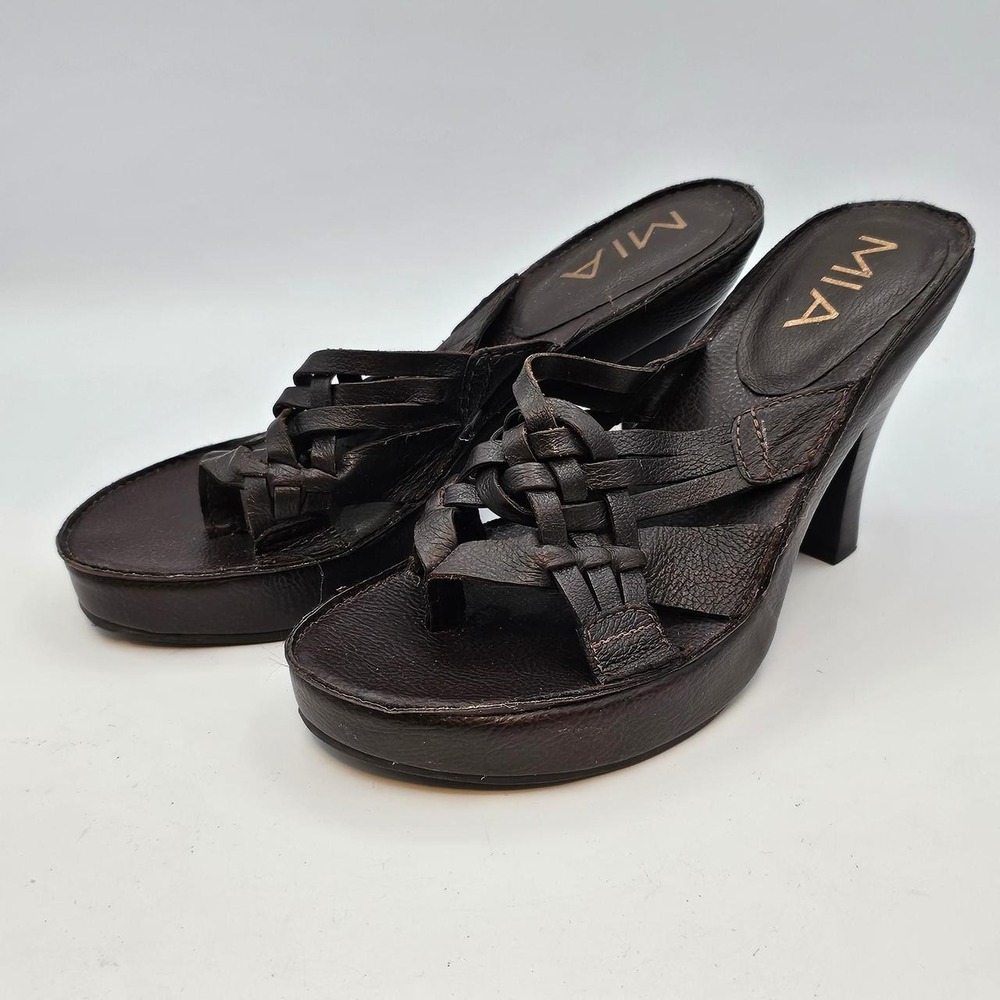 MIA Vintage Brown Woven Leather Chunky Platform Slide Sandals Block Heel 7M